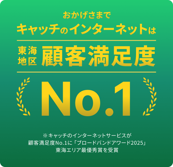 おかげさまでキャッチのインターネットは、東海地区顧客満足度No.1　※キャッチのインターネットサービスが顧客満足度No.1に 「ブロードバンドアワード2025」東海エリア最優秀賞を受賞